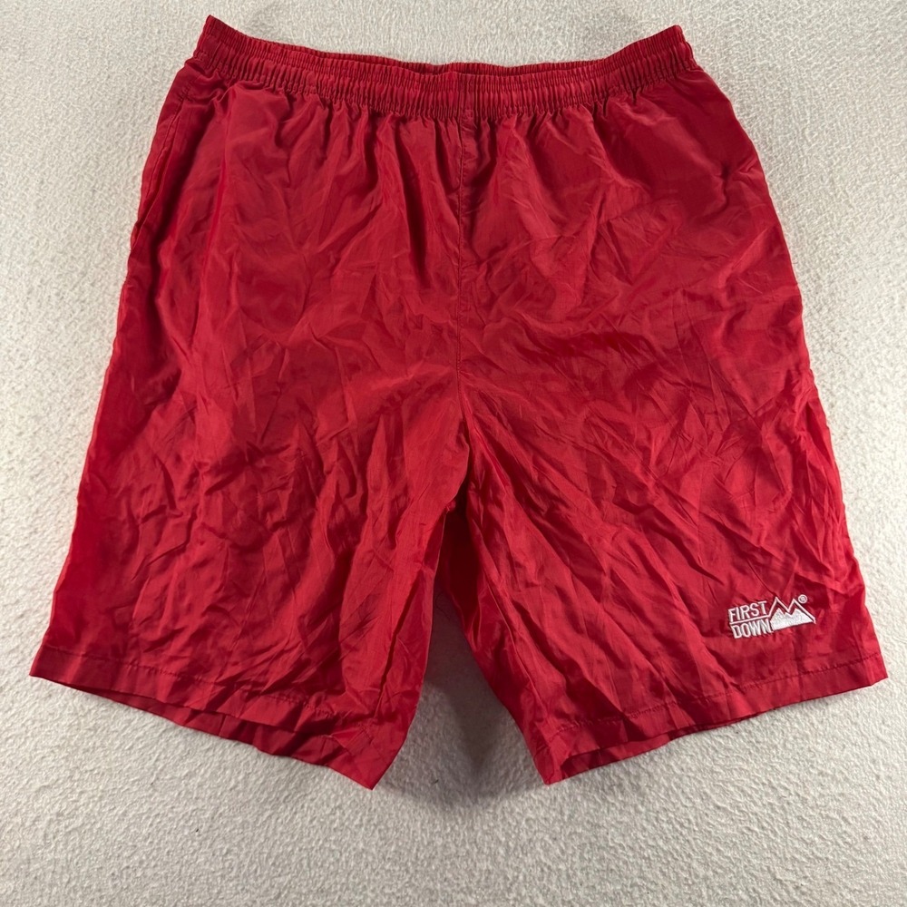 First Down Nylon Athletic Shorts Mens Large Red Good Ripstop Elastic Waist